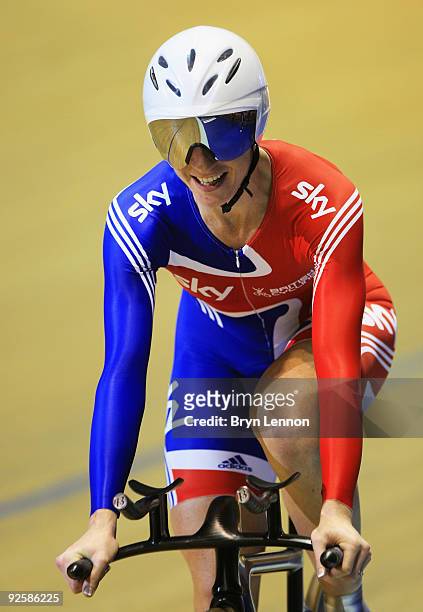 Wendy Houvenaghel of Great Britain and Team GB smiles after winning the Women's Individual Pursuit on day two of the UCI Track Cycling World Cup at...