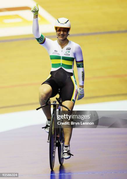 Anna Meares of Australia celebrates after winning the Women's 500m TT on day two of the UCI Track Cycling World Cup at the Manchester Velodrome on...