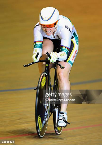 Anna Meares of Australia on her way to winning the Women's 500m TT on day two of the UCI Track Cycling World Cup at the Manchester Velodrome on...