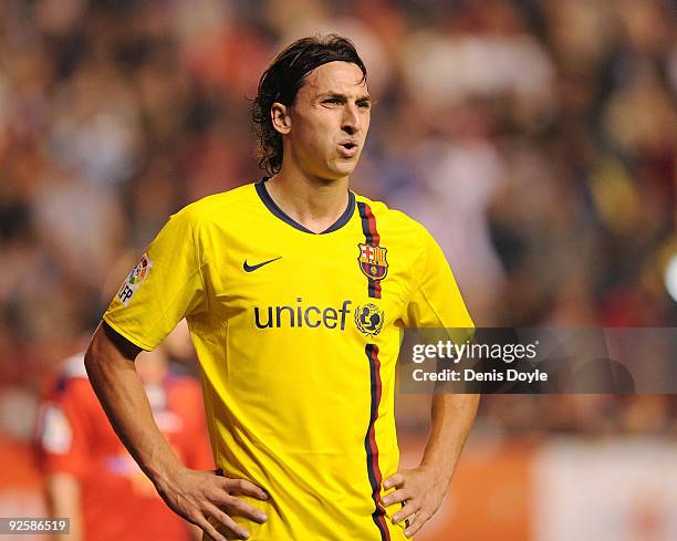 Zlatan Ibrahimovic of Barcelona looks on during the La Liga match between Barcelona and Osasuna at Estadio Reyno de Navarra on October 31, 2009 in...