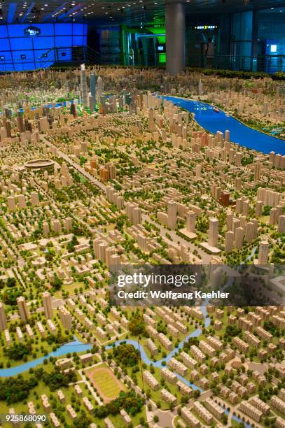 Parts of a huge scale model of the city of Shanghai at the Shanghai Urban Planning Exhibition Center in Shanghai, China.