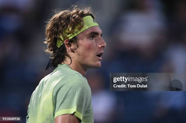 Stefanos Tsitsipas of Greece looks on during his quarter final match against Malek Jaziri of Tunisia on day four of the ATP Dubai Duty Free Tennis...