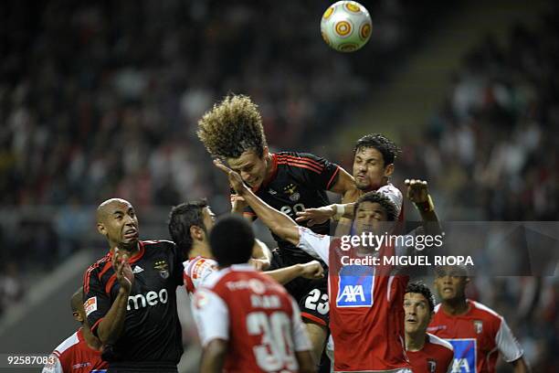 Benfica´s David Luiz from Brazil tries to head for the ball against SC Braga during their Portuguese league football match at the AXA Stadium in...