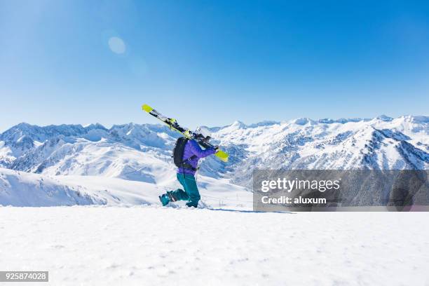 woman during backcountry skiing day in the pyrenees mountains catalonia spain - baqueira beret stock pictures, royalty-free photos & images