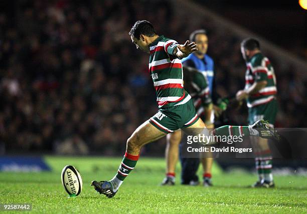 Jeremy Staunton of Leicester kicks a penalty during the Guinness Premiership match between Leicester Tigers and Northampton Saints at Welford Road on...