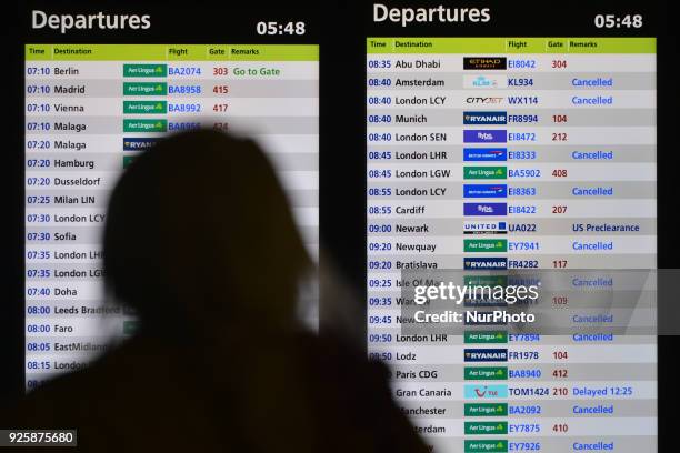 View of Departures information board at the Terminal 1 of Dublin's Airport as he 'Beast from the East' has hit Ireland with temperatures plunging to...