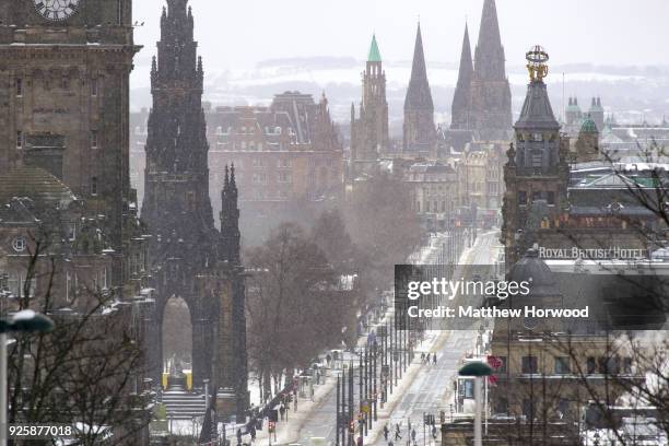 General view of Princes Street on March 1, 2018 in Edinburgh, United Kingdom. People have been warned not to make unnecessary journeys as the Met...