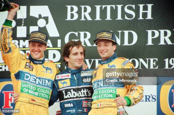 British Grand Prix at Silverstone. Sunday 11th July 1993. Won by Alain Prost - Williams-Renault, 2nd Michael Schumacher - Benetton-Ford, 3rd Riccardo...