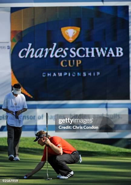 Bernhard Langer lines up a putt on the 18th green during the third round of the Charles Schwab Cup Championship held at Sonoma Golf Club on October...