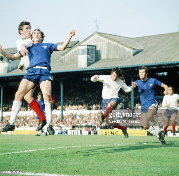 Chelsea 1 v Derby County 1, League Division One. Left to right, John O'Hare , Marvin Hinton , Roy McFarland , Peter Osgood . Stamford Bridge, 18th...
