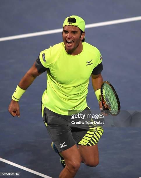 Malek Jaziri of Tunisia celebrates a point during his quarter final match against Stefanos Tsitsipas of Greece on day four of the ATP Dubai Duty Free...