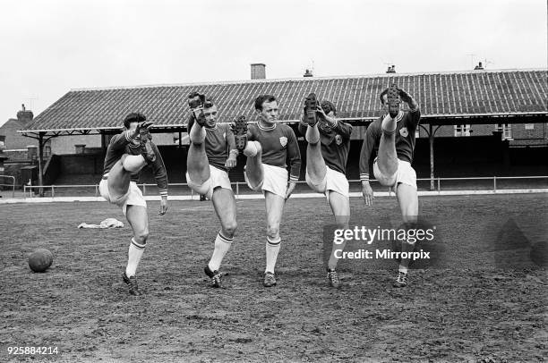 Leicester City team training at Filbert Street. Forwards left to right: Howard Riley, Graham Cross, Ken Keyworth, David Gibson and Mike Stringfellow...