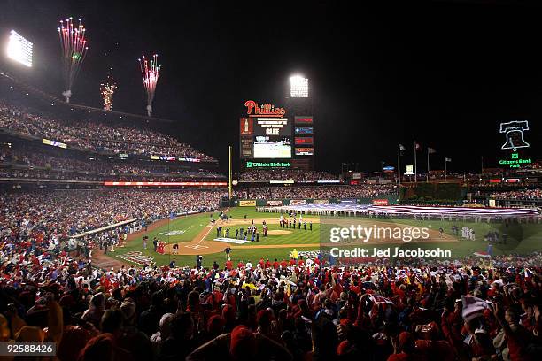 The cast of Glee performs the National Anthem before Game Three of the 2009 MLB World Series at Citizens Bank Park on October 31, 2009 in...