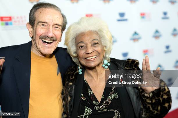 Nichelle Nichols and Kerry O'Quinn attend the Opening Night Of "Allegiance" at Japanese American Cultural & Community Center on February 28, 2018 in...