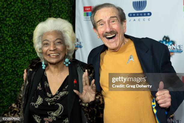 Nichelle Nichols and Kerry O'Quinn attend the Opening Night Of "Allegiance" at Japanese American Cultural & Community Center on February 28, 2018 in...