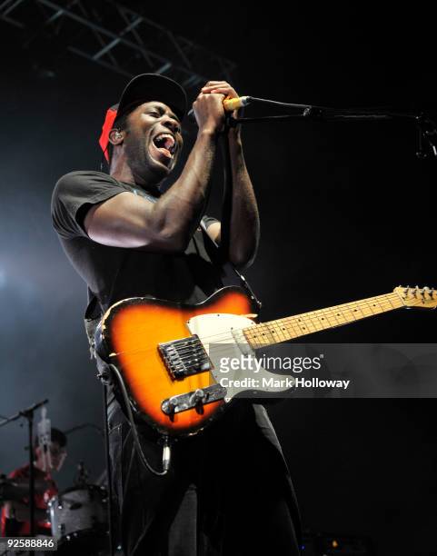 Kele Okereke of Bloc Party performs on stage at BIC on October 31, 2009 in Bournemouth, England.