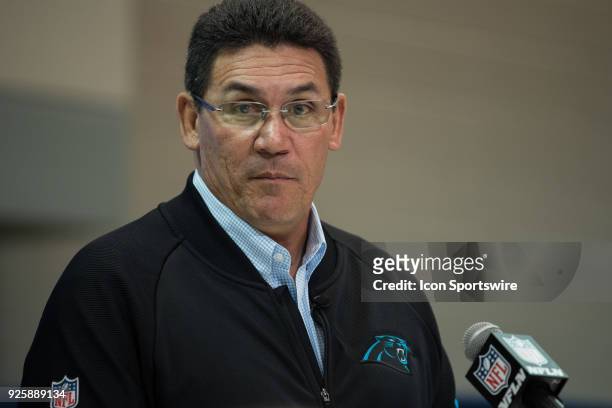 Carolina Panthers head coach Ron Rivera answers questions from the media during the NFL Scouting Combine on March 1, 2018 at the Indiana Convention...