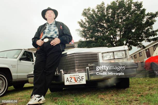 Car & Motorbike show at South Thornaby Community Centre, 11th June 1998. Brian Lowrie of Heighton with his white Cadillac.