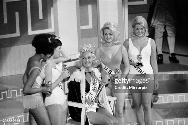 Miss World Competition, Lyceum Ballroom, London, Friday 19th November 1965. Miss United Kingdom - Lesley Langley - is crowned Miss World. Also...