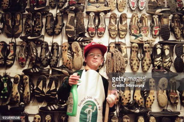 6th Norton Scout group get stuck in cleaning the bath at Ayresome Park, 20th April 1995. Ciaran Fear looks at the task ahead in the boot room.