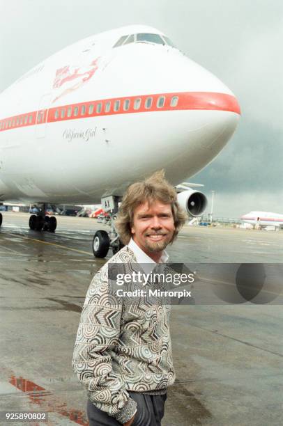 Richard Branson seen here on the apron at Heathrow to welcome the first Virgin airways flight to arrive at Heathrow, 1st July 1991.