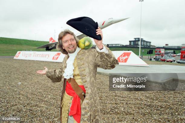 Richard Branson seen here at the entrance of the tunnel leading to the Heathrow terminals dressed as a pirate on the day the first Virgin airways...