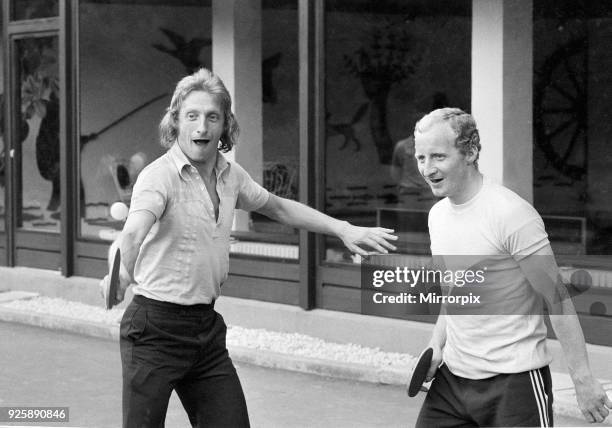 World Cup tournament in West Germany. The Scotland football team relaxing at their Weilnau Hotel in Frankfurt. Denis Law and Jimmy Johnstone enjoying...