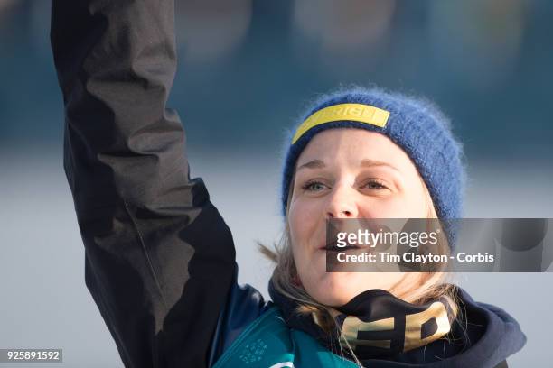 Bronze medal winner Stina Nilsson of Sweden at the presentations after the Cross-Country Skiing - Ladies' 30km Mass Start Classic at the Alpensia...