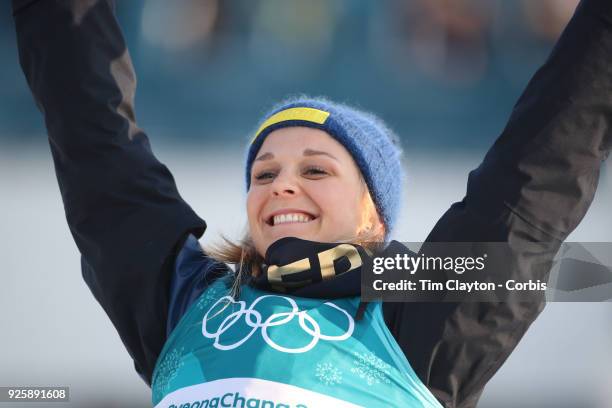 Bronze medal winner Stina Nilsson of Sweden at the presentations after the Cross-Country Skiing - Ladies' 30km Mass Start Classic at the Alpensia...