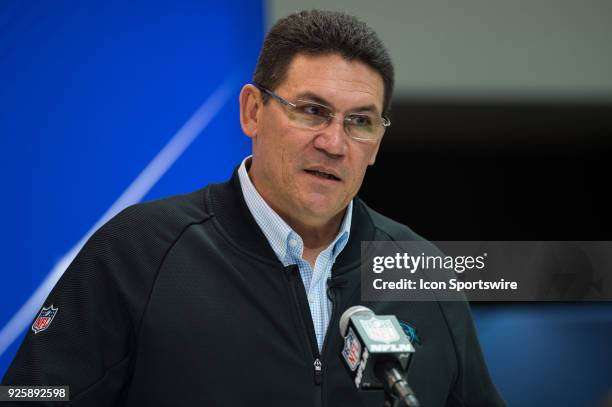 Carolina Panthers head coach Ron Rivera answers questions from the media during the NFL Scouting Combine on March 1, 2018 at the Indiana Convention...