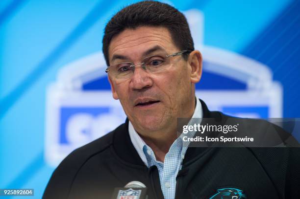 Carolina Panthers head coach Ron Rivera answers questions from the media during the NFL Scouting Combine on March 1, 2018 at the Indiana Convention...