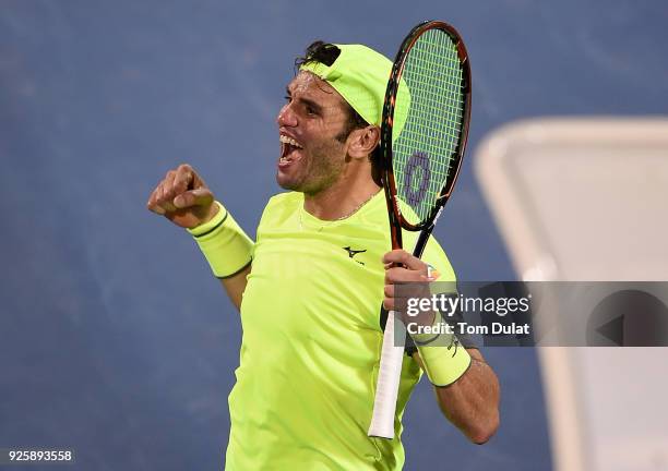 Malek Jaziri of Tunisia celebrates winning his quarter final match against Stefanos Tsitsipas of Greece on day four of the ATP Dubai Duty Free Tennis...