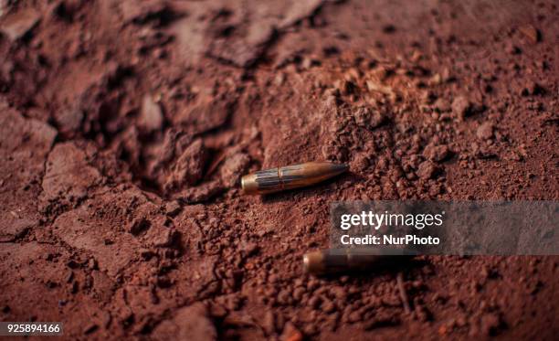 Bullets fired from Pakistan lie on floor of residential houses during a fresh skirmish along the border on February 27, 2018 in Uri, 120 Kms north...