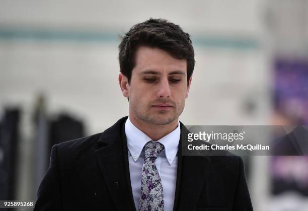Blane McIlroy arrives at Belfast Laganside courts on March 1, 2018 in Belfast, Northern Ireland. Ireland and Ulster rugby players Paddy Jackson and...