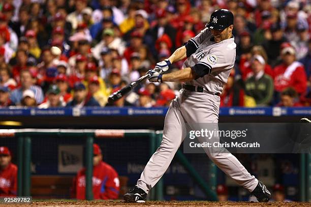 Andy Pettitte of the New York Yankees connects for a single against the Philadelphia Phillies in Game Three of the 2009 MLB World Series at Citizens...