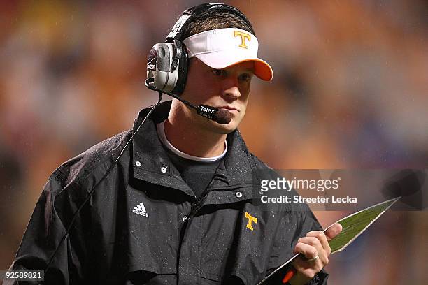 Head coach Lane Kiffen of the Tennessee Volunteers watches against the South Carolina Gamecocks at Neyland Stadium on October 31, 2009 in Knoxville,...