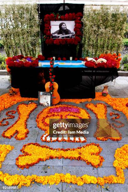 View of an Ofrenda for singer Mercedes Sosa at Coyoacan downtown as part of the celebrations of the Dia de los Muertos on October 31, 2009 in Mexico...
