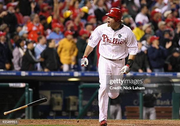 Jayson Werth of the Philadelphia Phillies hits a solo home run in the sixth inning against the New York Yankees in Game Three of the 2009 MLB World...