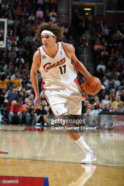 Anderson Varejao of the Cleveland Cavaliers drives to the basket against the Charlotte Bobcats on October 31, 2009 at Quicken Loans Arena in...