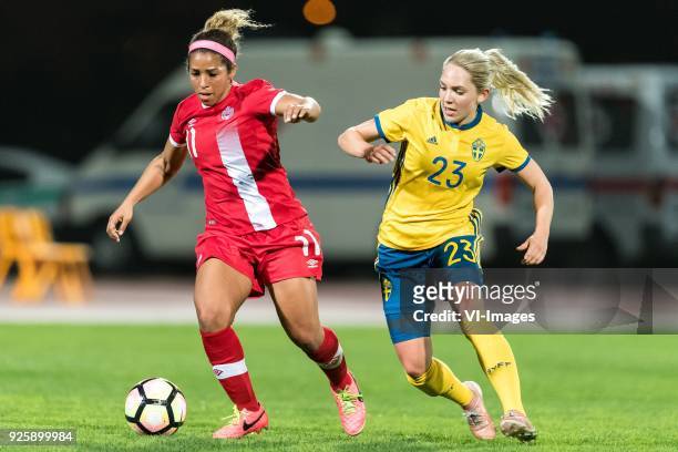 Desiree Scott of Canada women, Elin Rubensson of Sweden women during the Algarve Cup 2018 match between Canada and Sweden at the Estadio Municipal da...