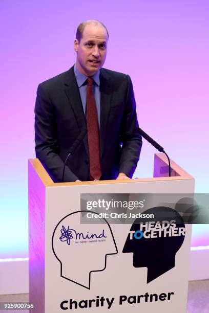 Prince William, Duke of Cambridge gives a speech on new workplace mental health initiatives at Unilever House on March 1, 2018 in London, England....