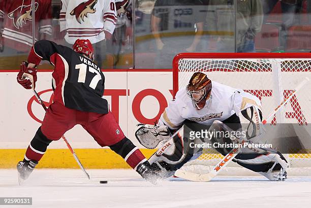 Radim Vrbata of the Phoenix Coyotes skates in to score a shoot out goal against goaltender Jonas Hiller of the Anaheim Ducks during the NHL game at...