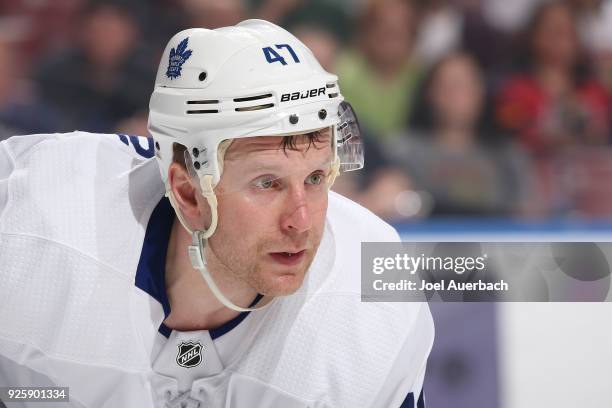 Leo Komarov of the Toronto Maple Leafs prepares for a face-off against the Florida Panthers at the BB&T Center on February 27, 2018 in Sunrise,...