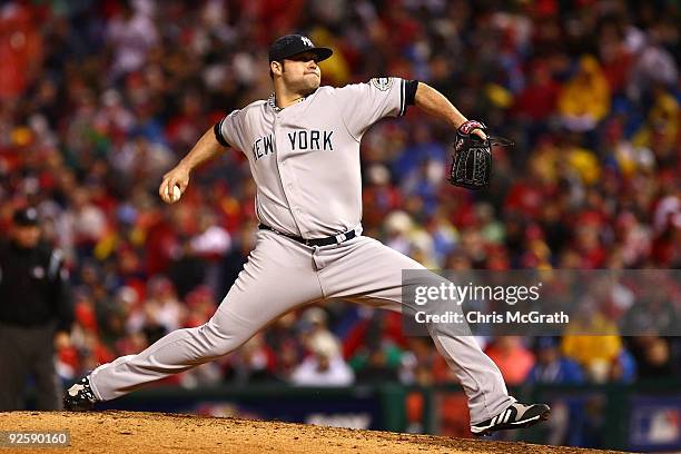 Joba Chamberlain of the New York Yankees pitches against the Philadelphia Phillies in Game Three of the 2009 MLB World Series at Citizens Bank Park...