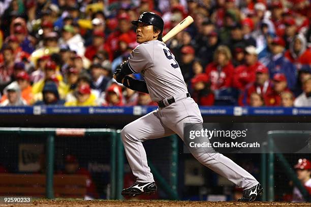 Hideki Matsui of the New York Yankees connects for a homerun in the eighth inning against the Philadelphia Phillies in Game Three of the 2009 MLB...
