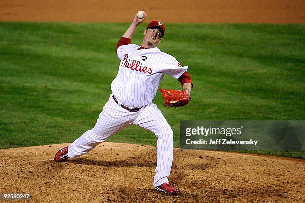 Brett Myers of the Philadelphia Phillies pitches against the New York Yankees in Game Three of the 2009 MLB World Series at Citizens Bank Park on...