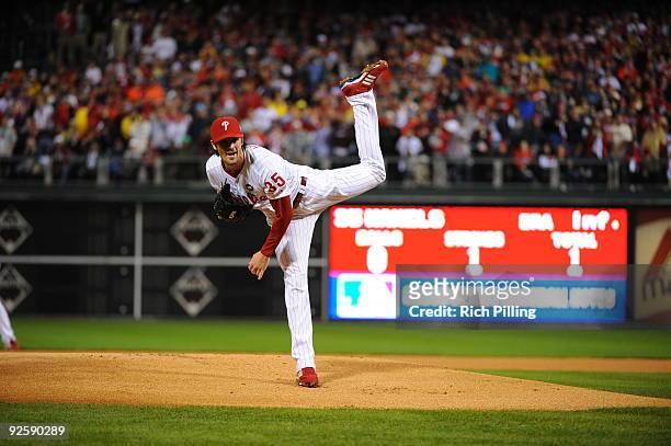 Cole Hamles of the Philadelphia Phillies pitches during Game Three of the 2009 MLB World Series at Citizens Bank Park on October 31, 2009 in...