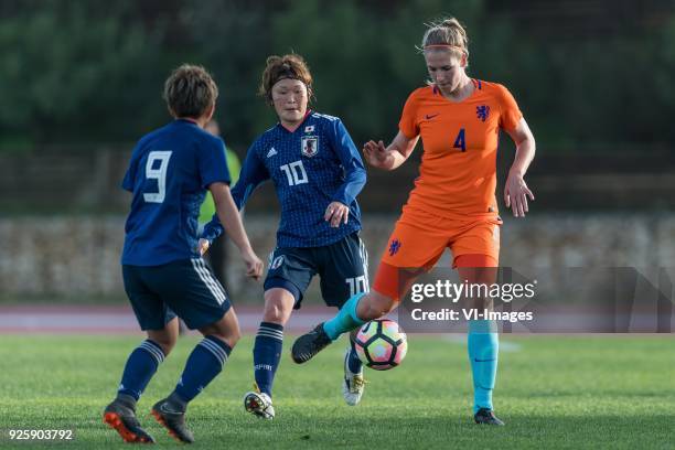 Kumi Yokoyama of Japan women, Mizuho Sakaguchi of Japan women, Kelly Zeeman of the Netherlands women during the Algarve Cup 2018 match between Japan...