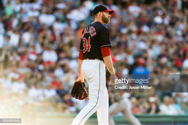 Relief pitcher Zach McAllister of the Cleveland Indians reacts as Chris Gimenez of the Minnesota Twins rounds the bases on a home run during the...
