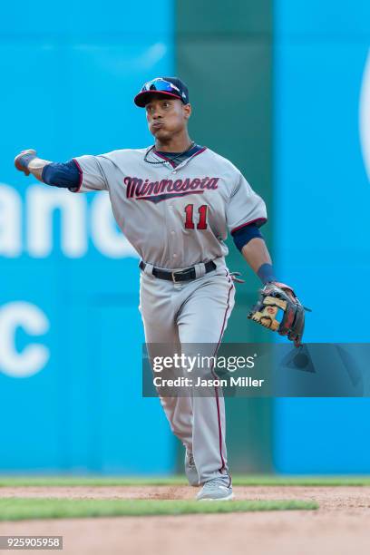 Shortstop Jorge Polanco of the Minnesota Twins throws out Austin Jackson of the Cleveland Indians at first during the ninth inning at Progressive...